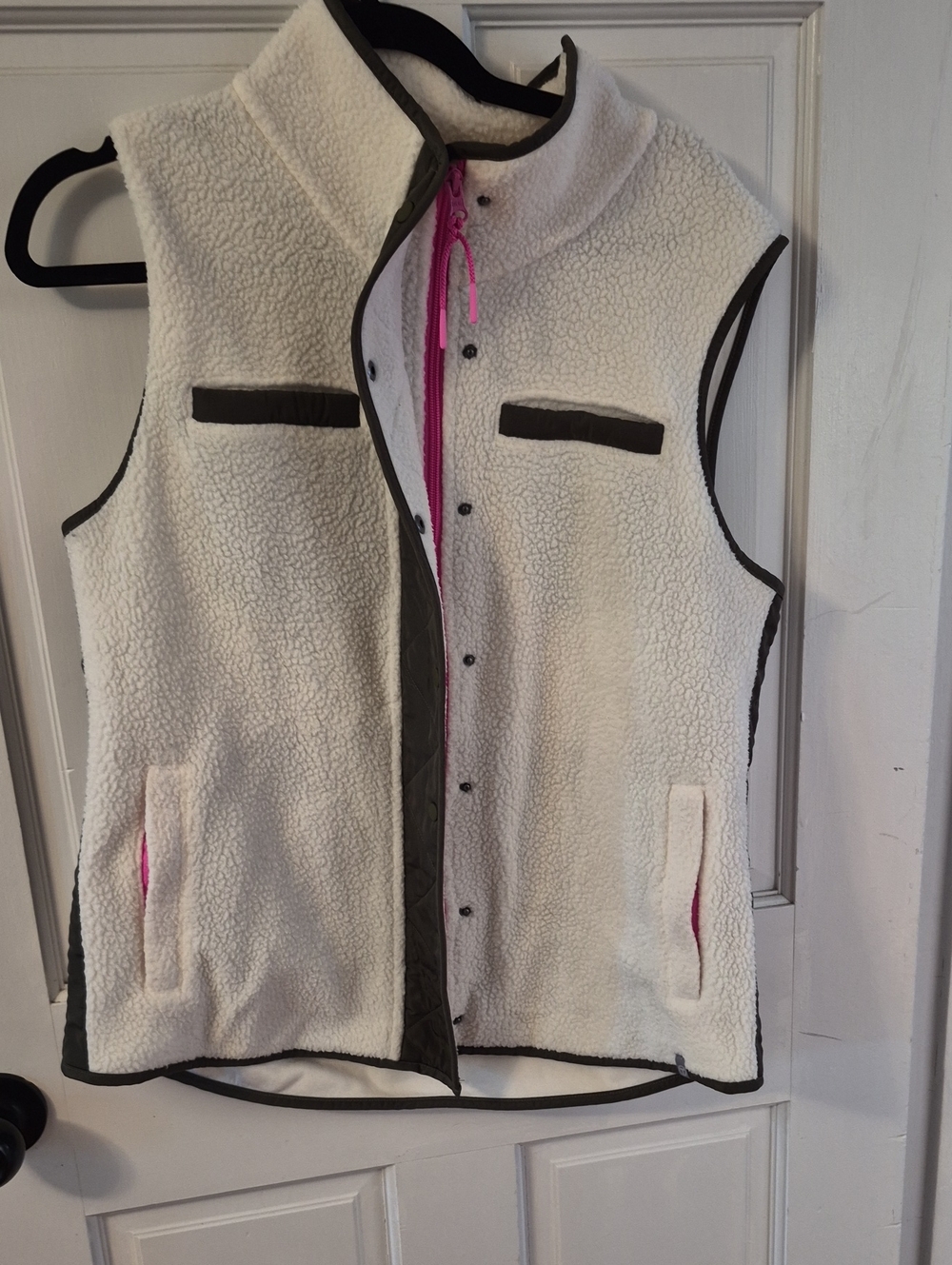 Talbots Cream Sherpa Vest with Olive Trim and Pink Accents